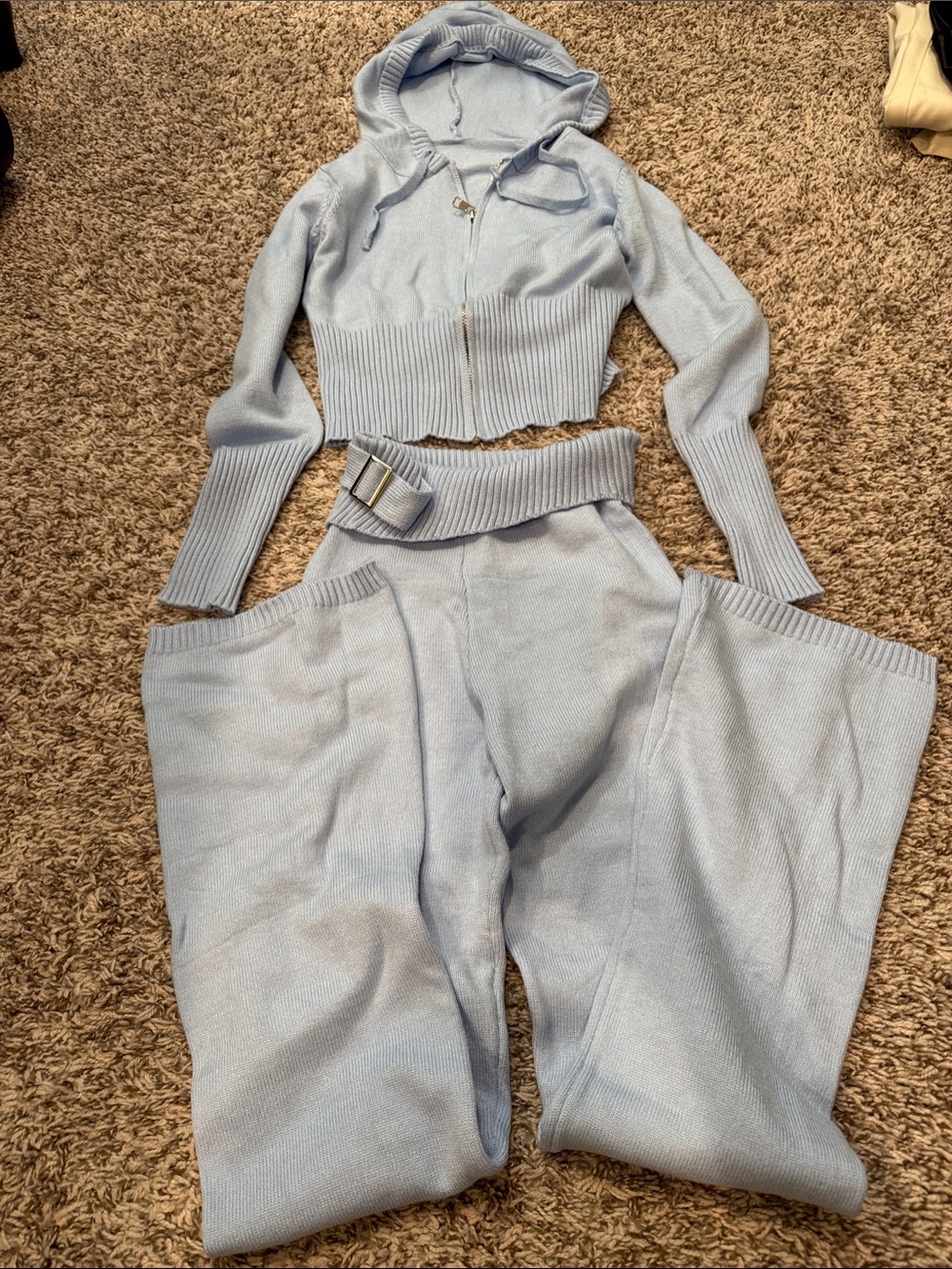 Light Blue Knit Cropped Hoodie & Pants Set. Sweater material. NWOT.